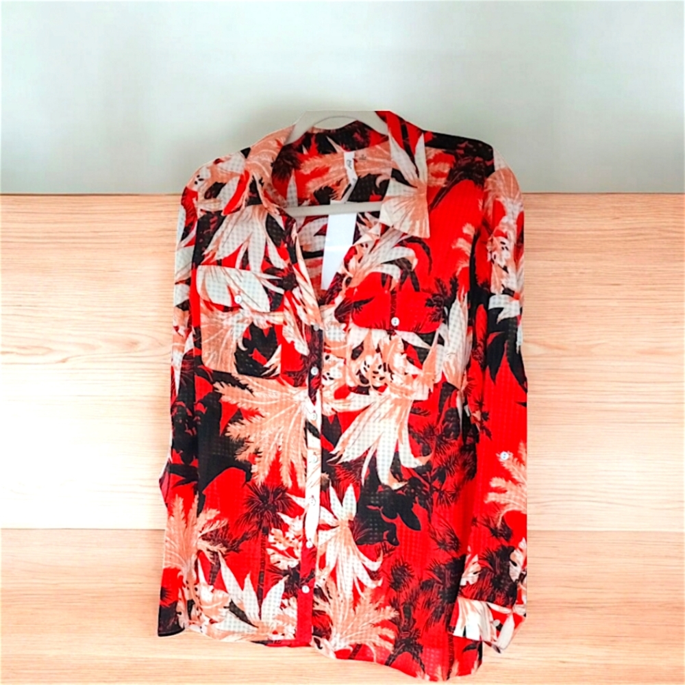 NY Collection Fall Floral Long Sleeve Women's Button Down Blouse Size 1X pockets